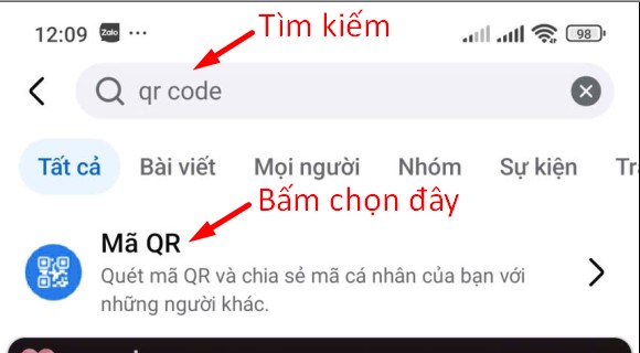 Search Mã QR để share link QR hoặc quét QR của người khác
